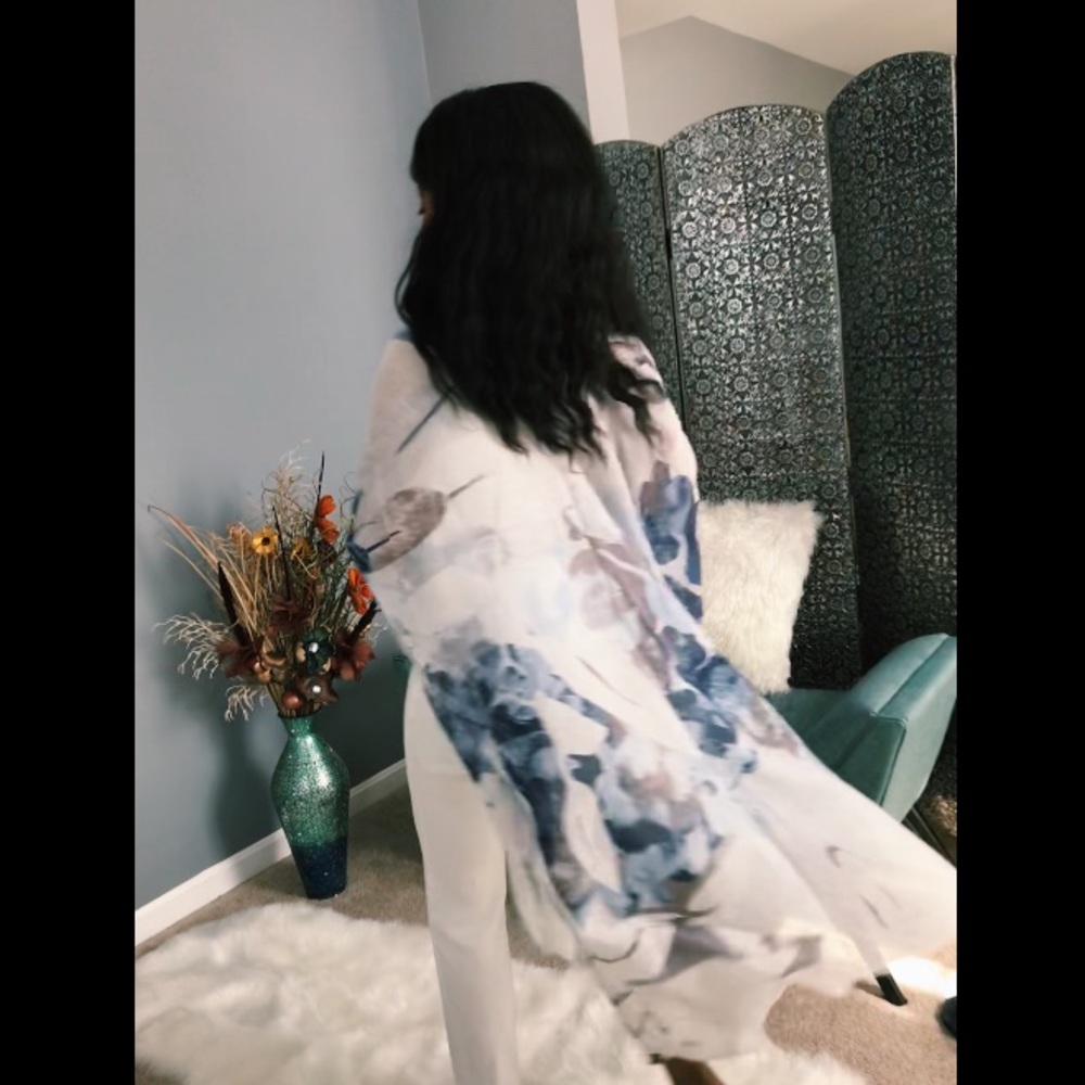 Navy Blue and White Kimono Coverup Flower Print